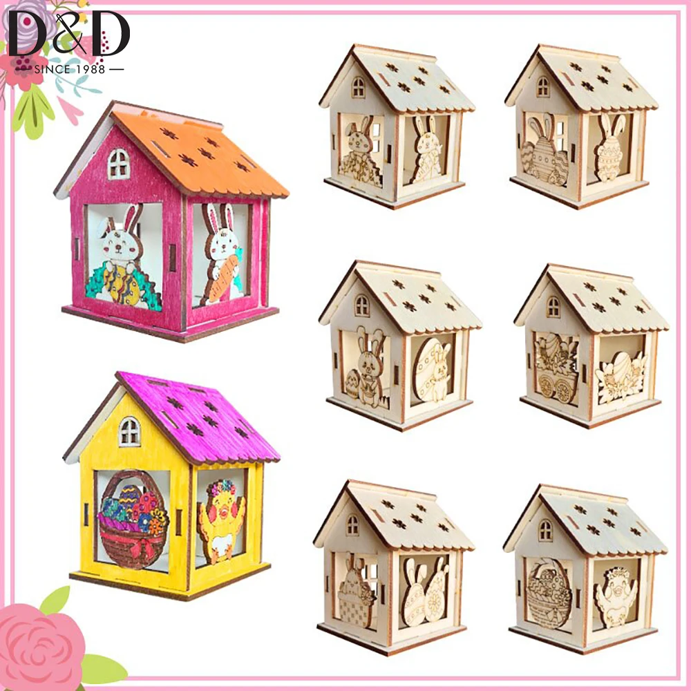 

1set Wooden Easter Cottage Craft Kit with Hollow-Out Design Cut Wood Craft House for DIY Holiday Hanging Ornament Wall Decor