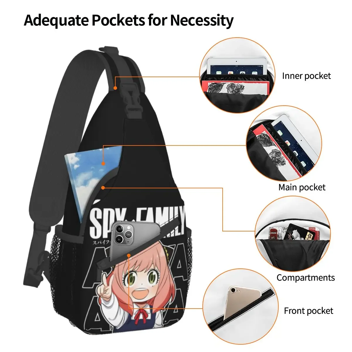 Mochila de Anime X Family para el pecho, bandolera para el hombro, senderismo al aire libre, mochilas de día, Anya Forger, bonito patrón