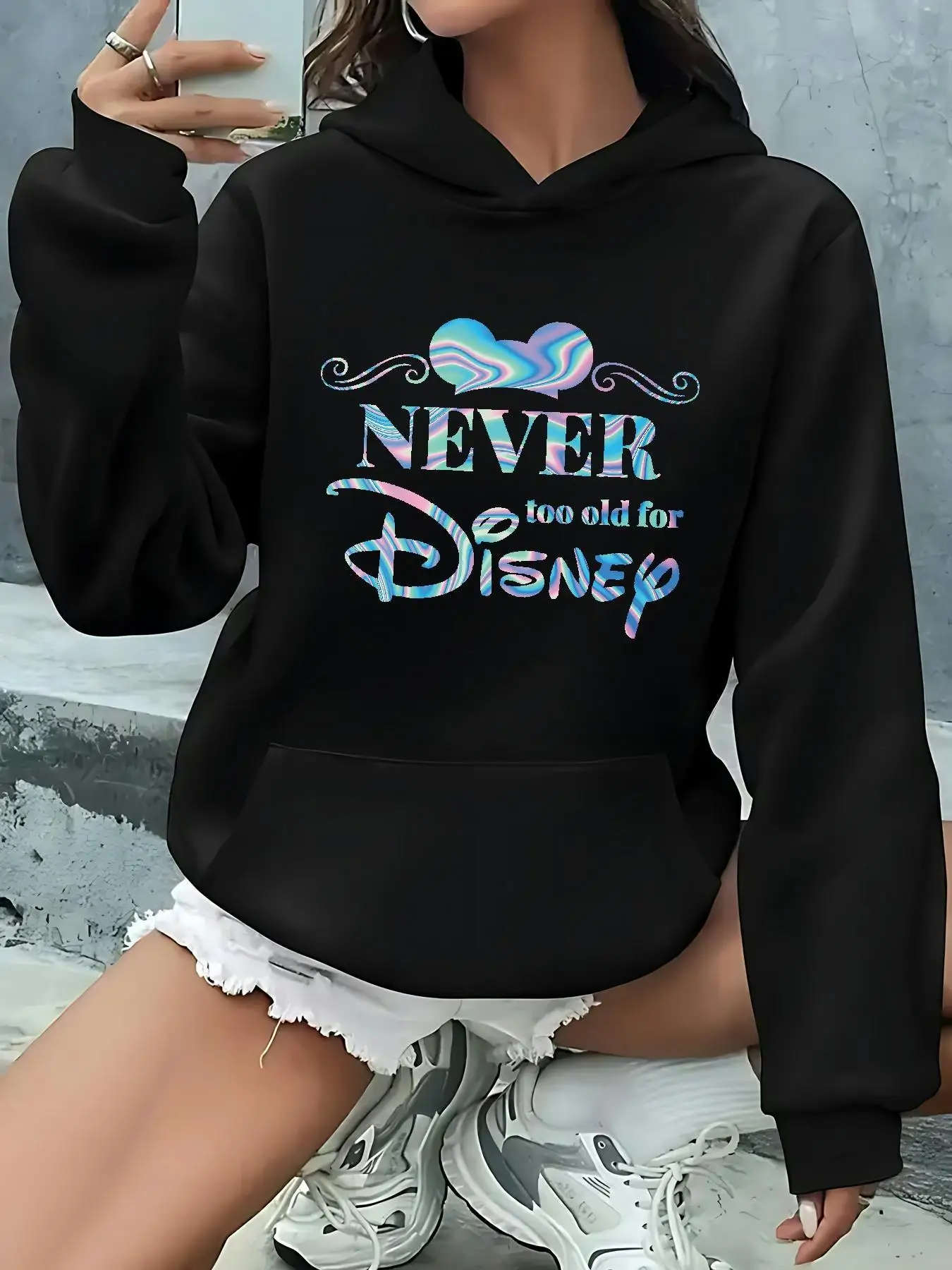 Sweat à capuche sous licence officielle pour femme – Never Too pour logo et motif oreilles de Mickey, noir avec bleu/rose/violet