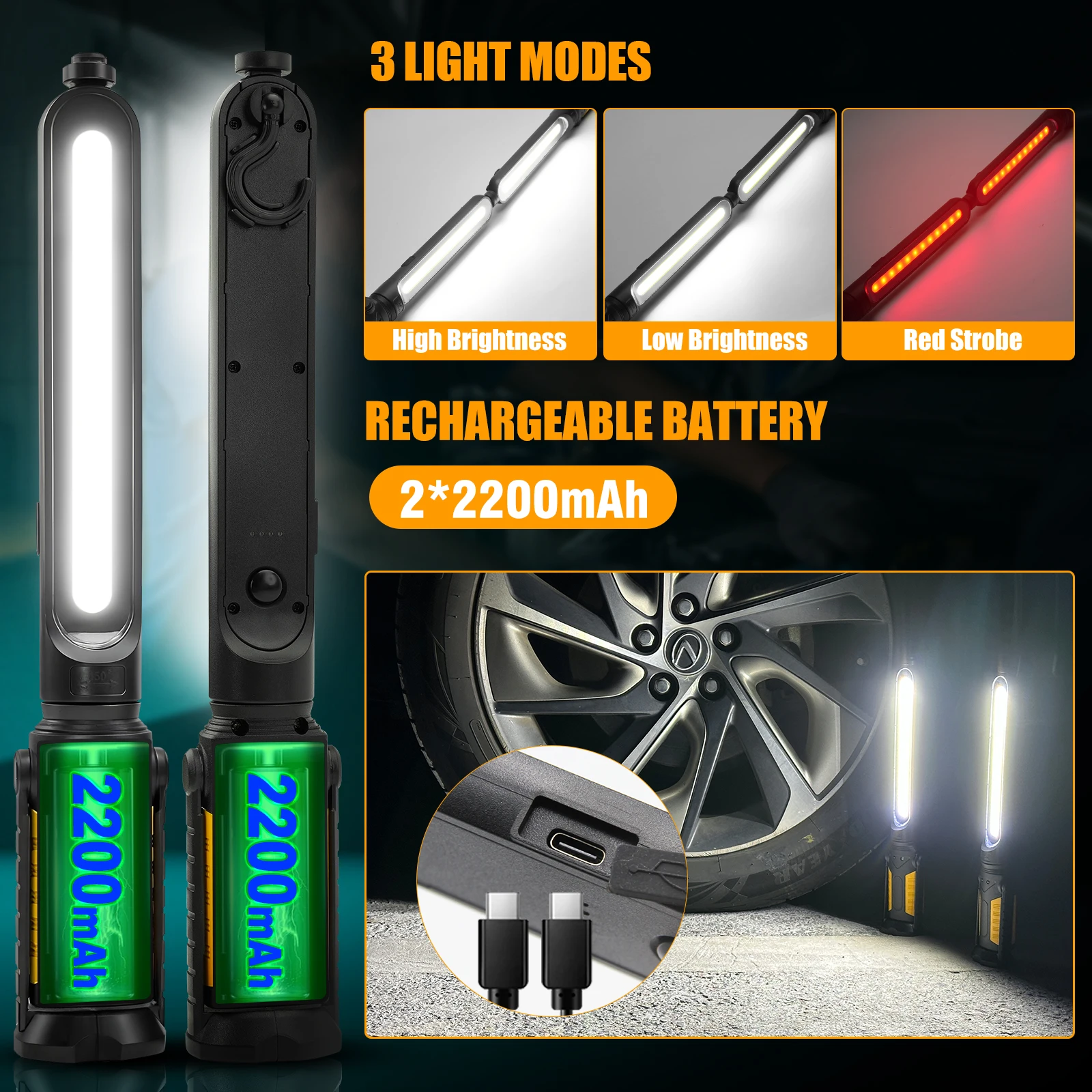 LED Work Light For Mechanic, 2400LM Ultra-Bright LED Floodlight, Work Light, With Semsor Cotrol And Hooks, 3 Light Modes