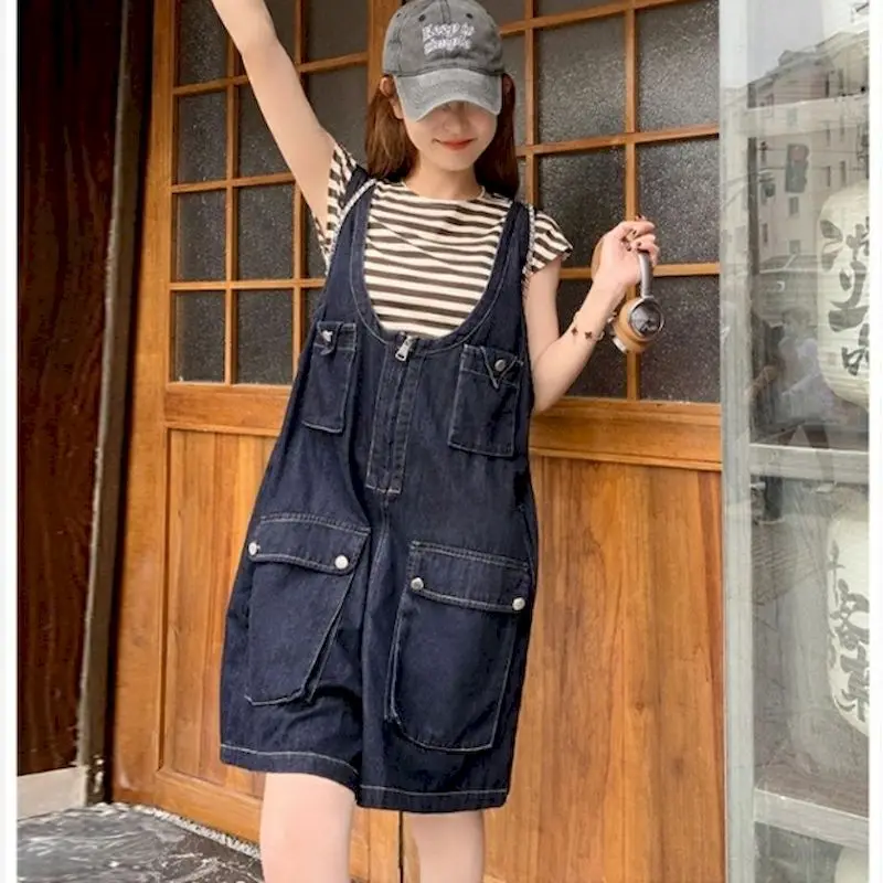 Denim Jumpsuit for Women Vintage Korean Style One Piece Outfit Casual Loose Solid New Summer Clothing for Women Cropped Jeans