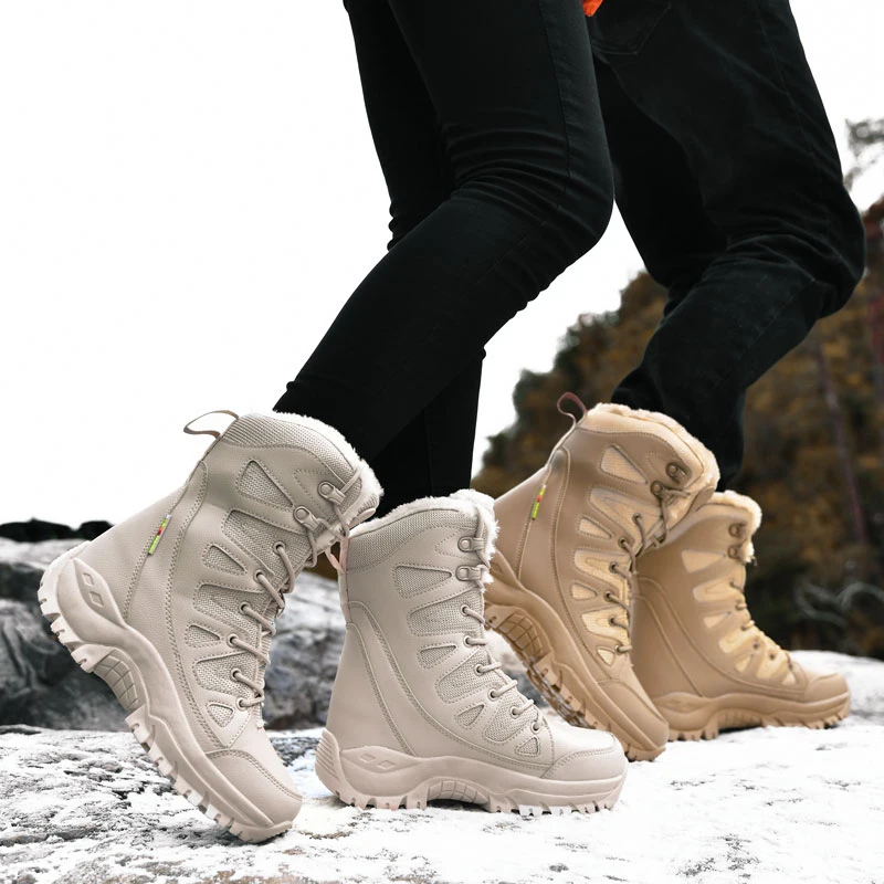 Winter Warm Plush Fur Snow Boots Waterproof Leather Men\'s Boots Outdoor Non-slip Work Boots Combat Desert Boots Motorcycle Boots