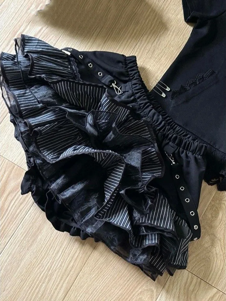 Harajuku Girls Stripe Punk Grunge Skirts Women Y2k Aesthetic High Waist Cake Mini Streetwear Lace Vintage Kawaii Mini Jupe