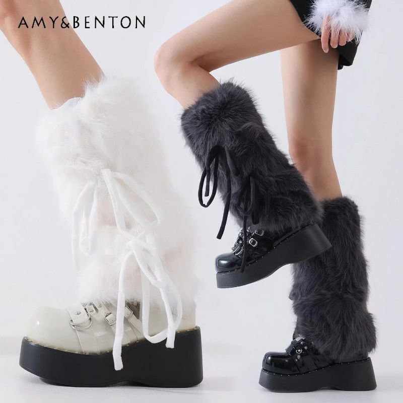 

2025 Autumn Winter New Bow Furry Women's Socks Japanese Design Warm Y2K Retro Sweet Hot Girl Slimming White Leg Warmers Ladies
