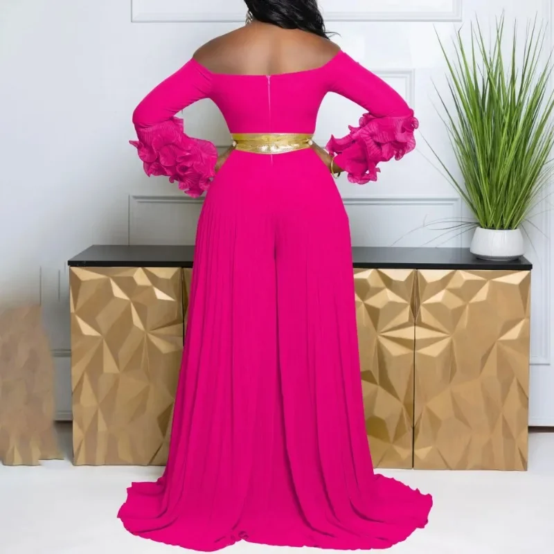 المرأة طويلة الكشكشة الأكمام مطوي مائل الرقبة واسعة الساق حللا طويلة حفلة الشاطئ حزام الشارع مثير أفريقيا الزي السروال القصير