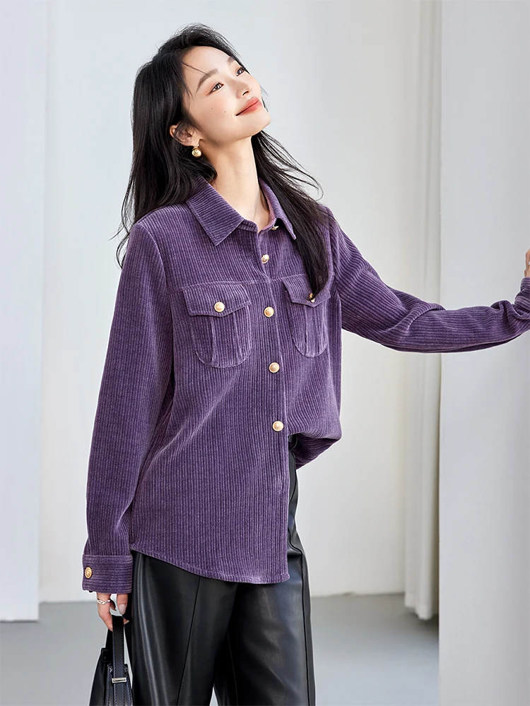 Autumn Korean Style Corduroy Shirt For Women Loose Single Breasted Blouses Temperament Solid Color Turn-Down Collar Shirt