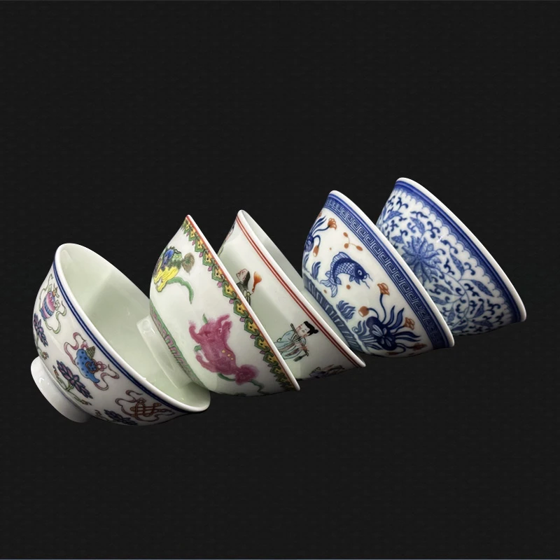 Jingdezhen Porcelain Blue and White Pastel Figure Fish Ceramic Single Cup Tea Bowl Water Cup Master Cup