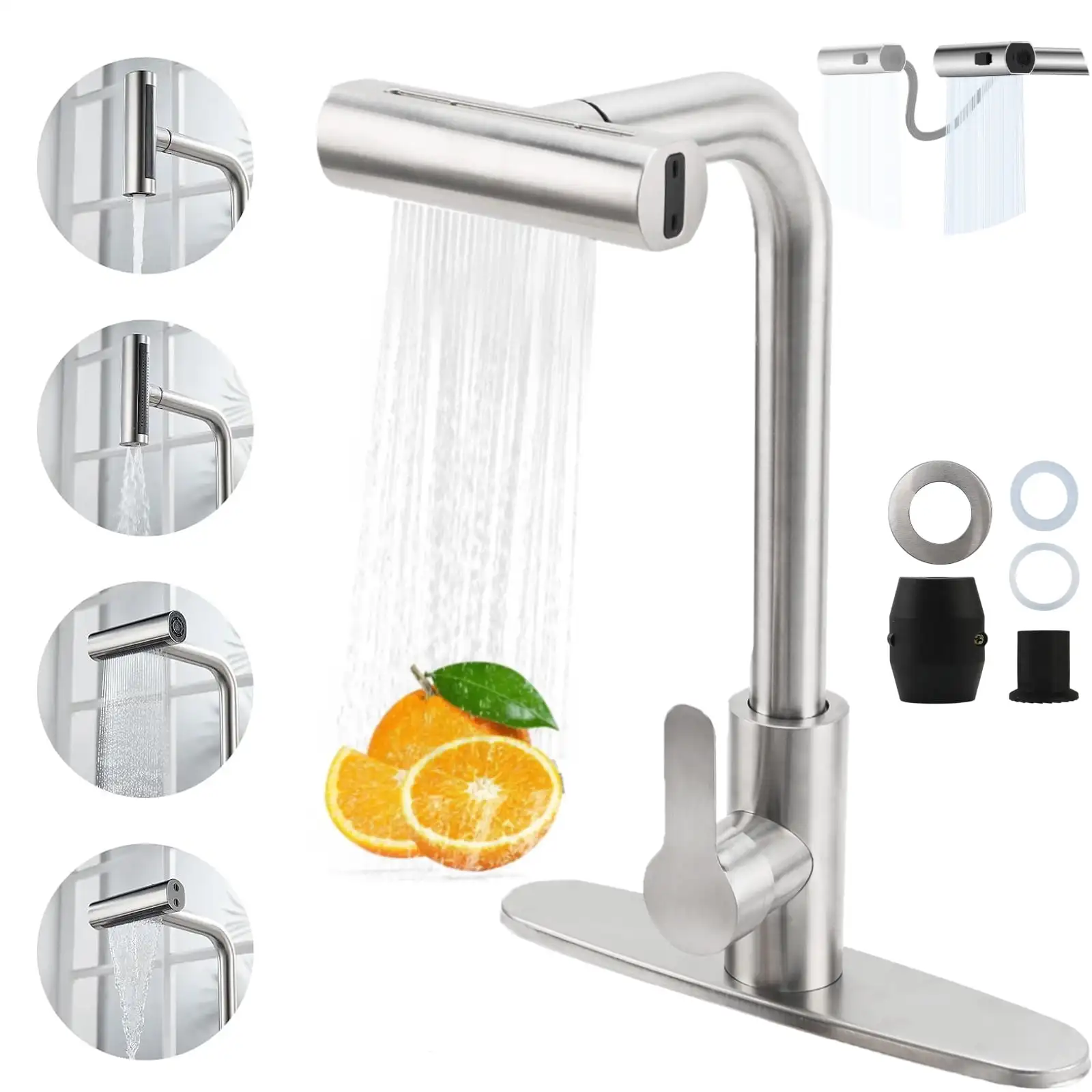 

Chrome kitchen faucet with pull-down sprayer, stainless steel kitchen faucet 4 in 1 function, suitable for bars, laundry rooms