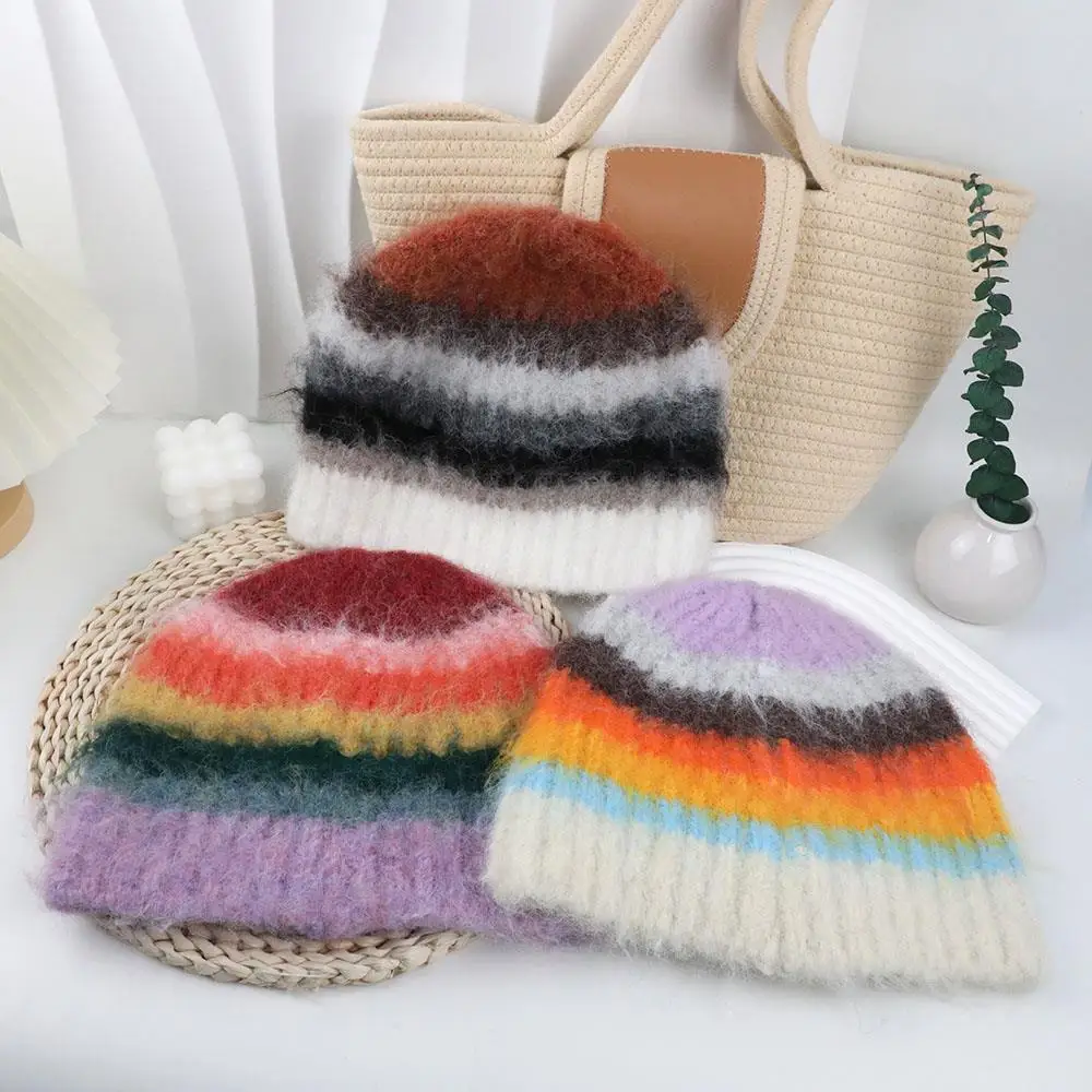 Knitted Beanies Women's Fisherman's Hat Striped Colorful Small Yarn Hat Ear Protection Warm Winter Skullies Yarn Plush Hats