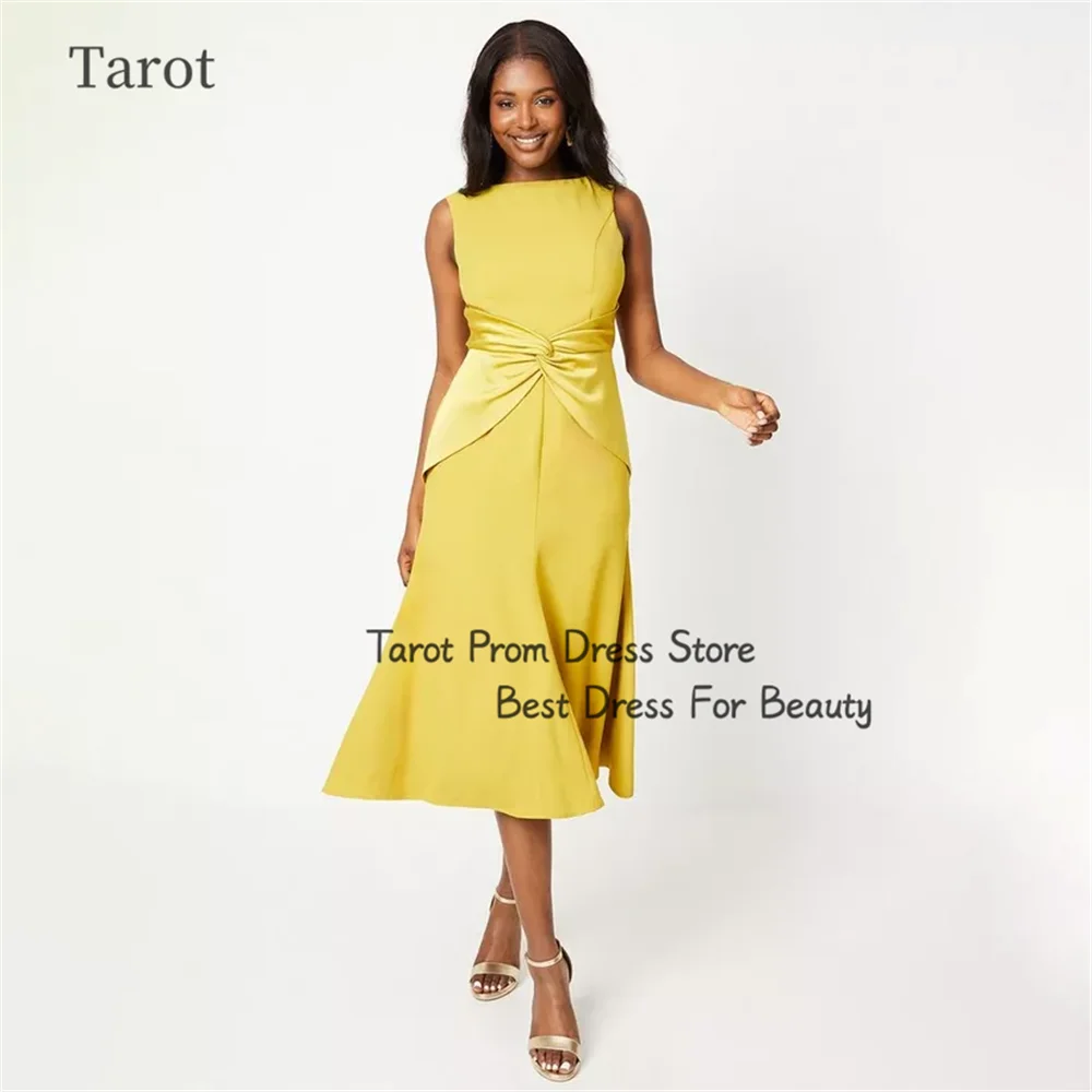 

Tarot Modern A Line Prom Dresses Boat-Neck Sleeveless Satin Ruffle Women Birthday Party Dress Tea Length robes de soirée