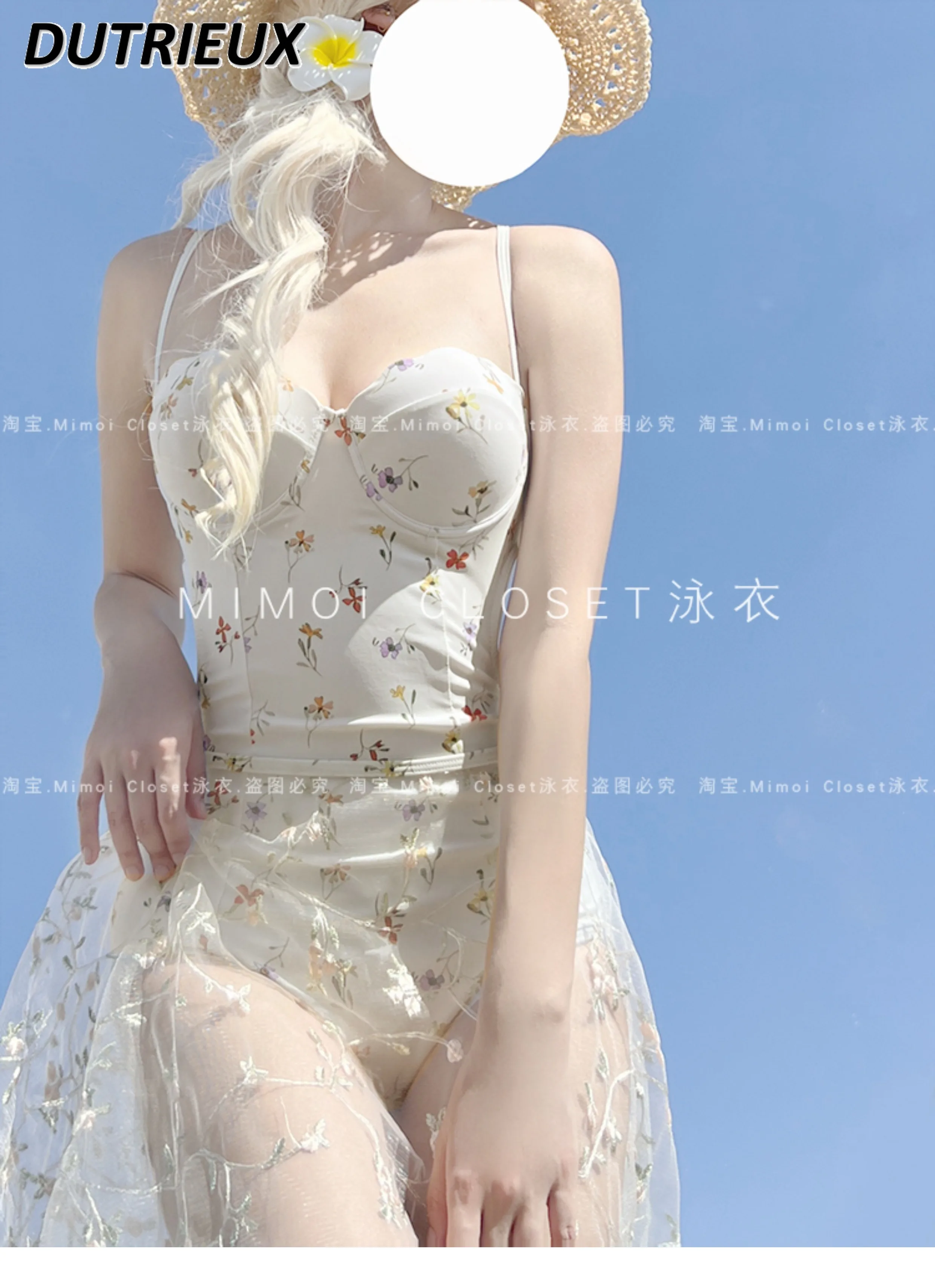 Sweet Girls Print Vacation Seaside Spa One-piece Suspender Swimsuit and Gauze Skirt Gathering Swimwear Bathing Suit for Women