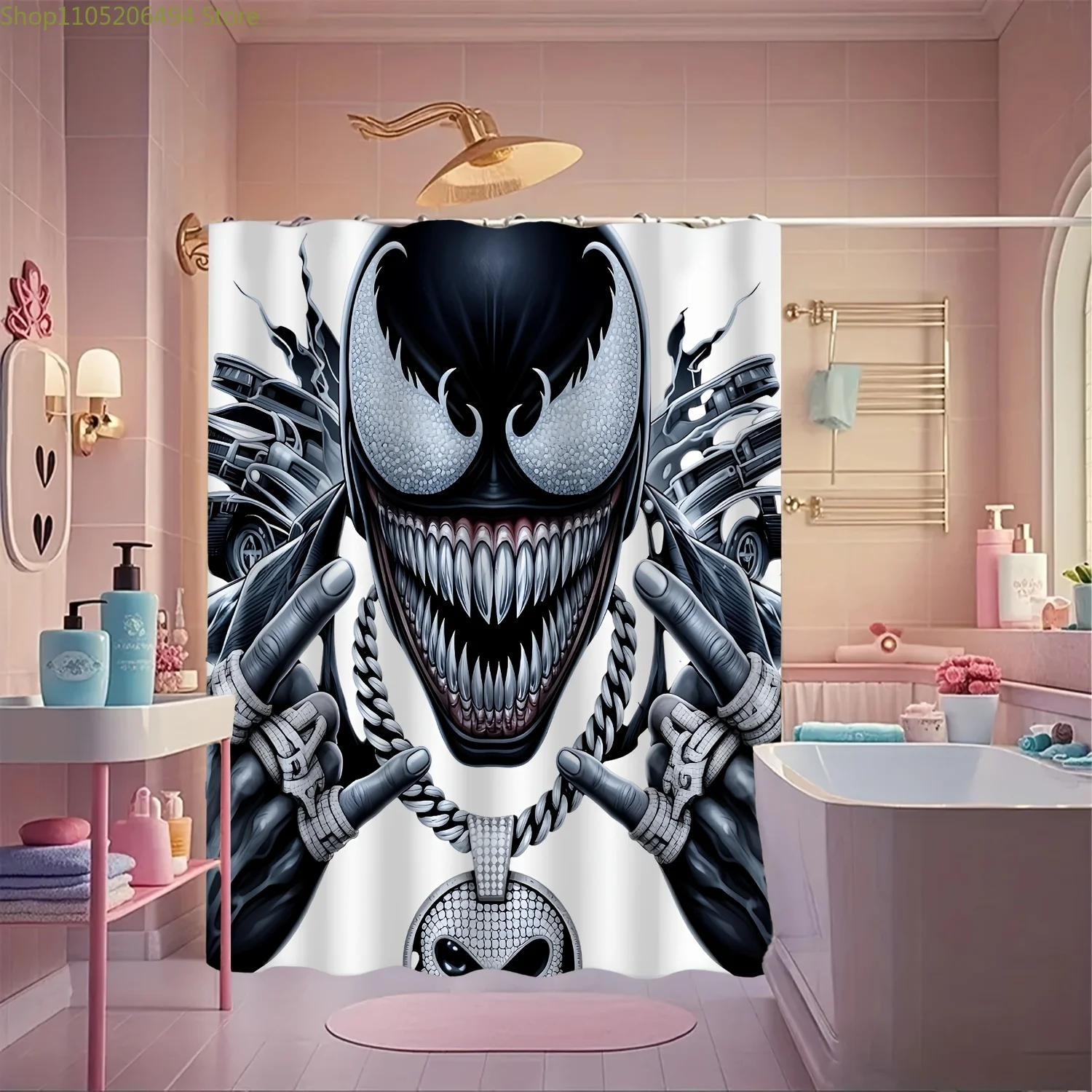 

1pc Marvel Venom Shower Curtain with Hooks - Vibrant Polyester Design, Machine Washable, Unlined, Cartoon Character Bathroom D