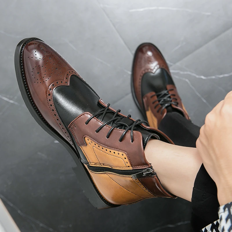 Wiosenne nowe męskie grube dno wodoodporne buty robocze Casual Chelsea modne buty klasyczny skórzany wygodne Color Block buty z zaokrąglonym czubkiem