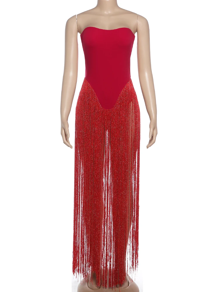 Kliou Sexy Fashion Bodysuits Woman Chest Wrap Backless Sleeveless Tassel Decoration Hem Hot Girls Midnight Club Party Bodycon