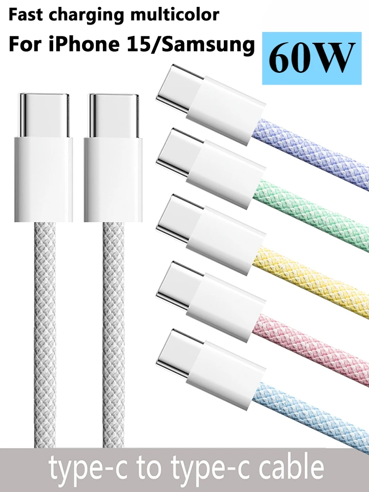 USB-C-auf-Typ-C-Kabel für iPhone 15, PD 60W, schnelles Ladekabel für Huawei, Xiaomi, Samsung, Typ-C, buntes, geflochtenes Datenkabel