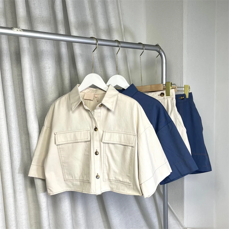 

American Sle Retro Workwear ort irt + Skort Set Women's Loose Fit Cotton Summer Faion Casual Wear Big kets