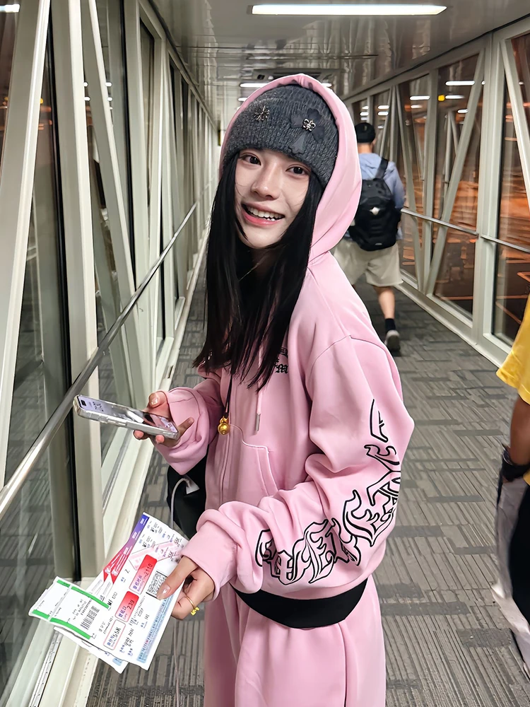 Felpa con Cappuccio Gotica con Stampa di Lettere, Doppia Cerniera, Slim Fit, Outfit Trendy per Ragazze, Giacca con Cappuccio Stile American Gothic