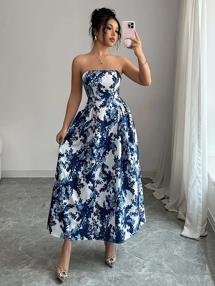 Abiti lunghi floreali Boho da donna nuovi senza spalline smocked flowy vacanza al mare lungo prendisole eleganti abiti da festa abiti femminili
