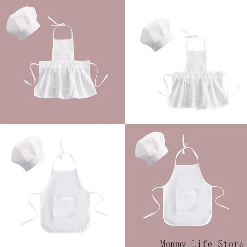 

Kids White Apron and Hat Set Children Chef Costume for Cooking Baking Painting Newborn Baby Photography Props Outfits