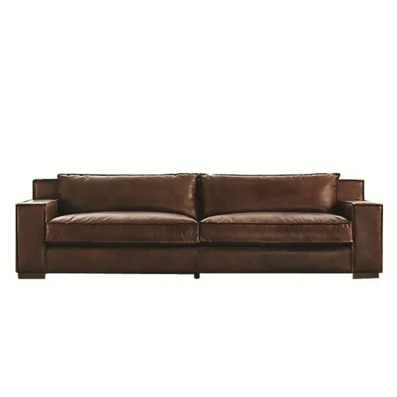 

Italian minimalist leather sofa, brown French retro style, American modern small apartment three or four-person sofa
