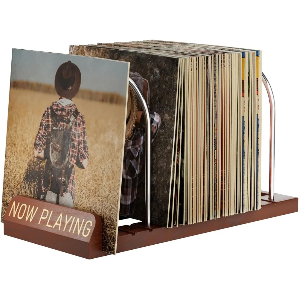 Now Playing Vinyl Record Stand, 50 LP Vinyl Record Storage with Non-slip Grooves, Wood Now Spinning Vinyl Record Holder