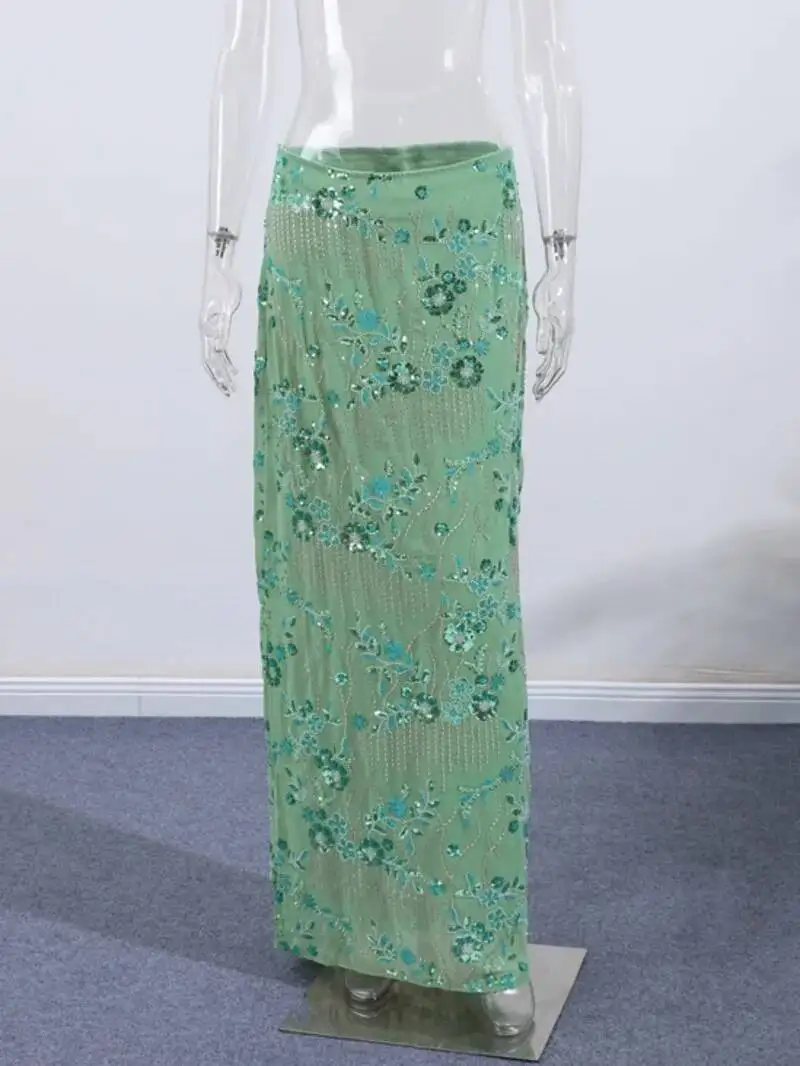 Seksowna długa spódnica z koralikami i cekinami, damska, jednolita, z niskim stanem, dopasowana, prosta, letnia, elegancka, idealna na wakacje na plaży, model JO6M