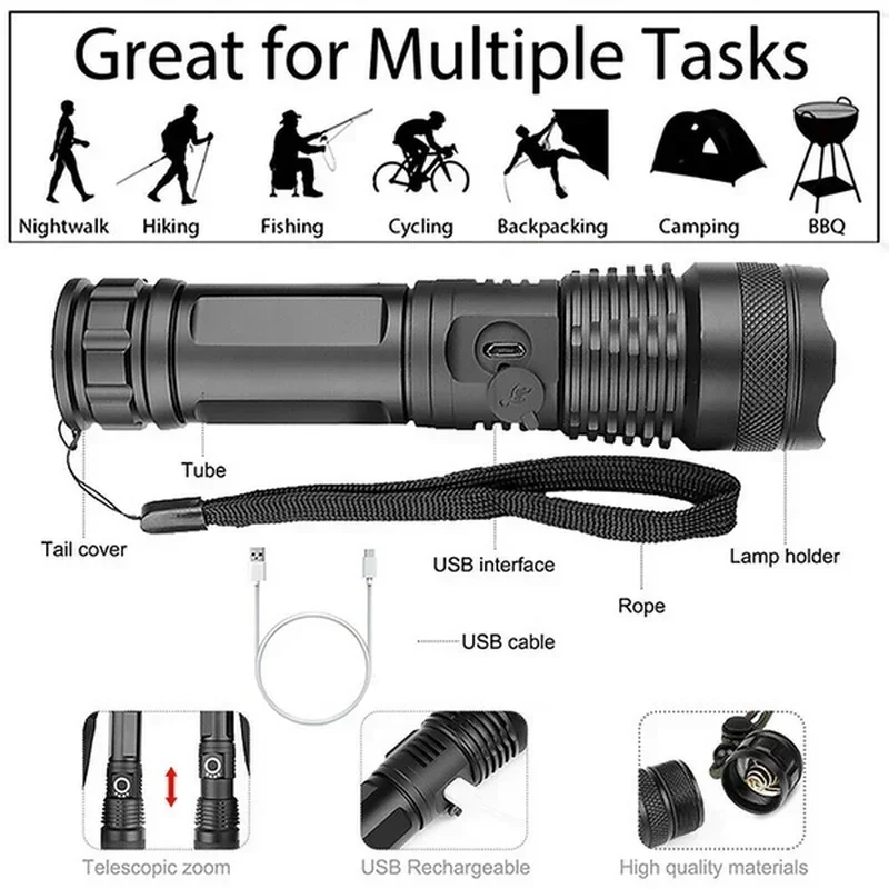 Strong LED Flashlight USB Rechargeable 4-core Zoom Flashlight Portable Light Suitable for Outdoor Camping Emergencies