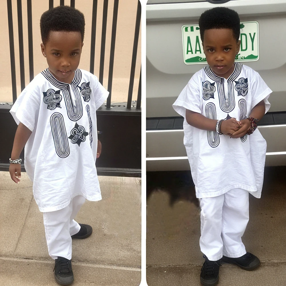 

H&D For Kids Boys African Outfit Children Dashiki Embroidery Suit Traditional Clothes White Color Shirt Pants 2 Pieces Set 2PCS