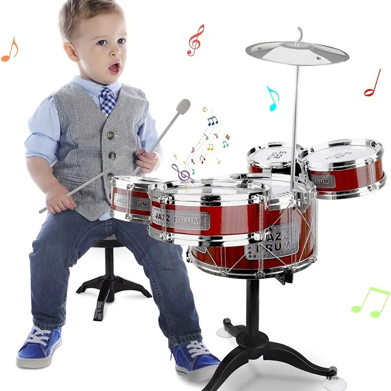 Les tambours jouets musique jazz ensemble de percussions pour enfants costume avec un tabouret, 2 baguettes, les cymbales et 5 tambour instrument