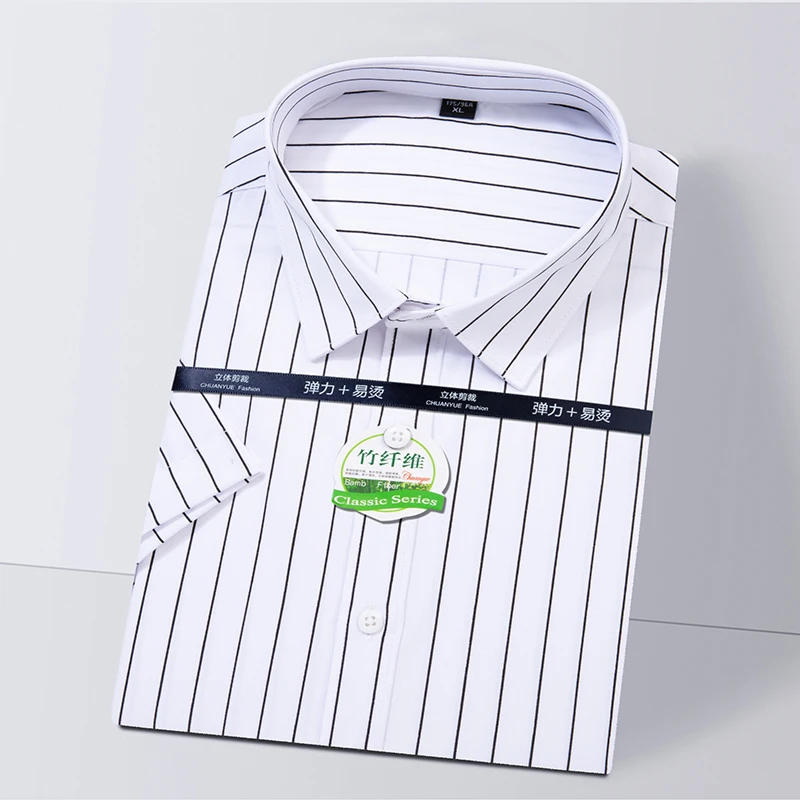 

Bamboo fiber Hot Sale Men's Short Sleeve Shirts Summer Spring Striped Color Men's Shirts Turn-down Collar Casual Plus Size M-6XL