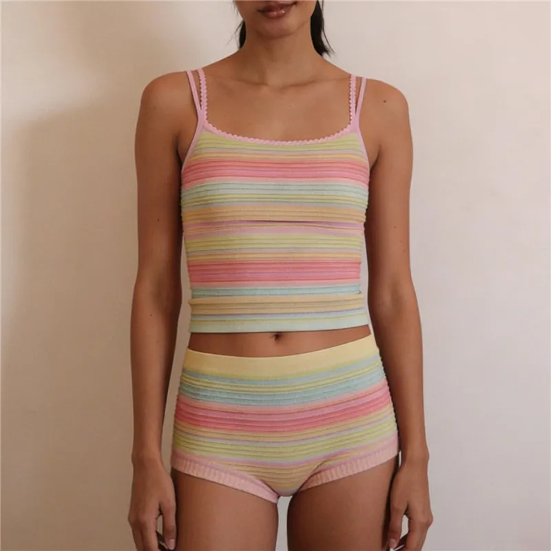 Women's 2 Piece Loungewear Set Pastel Rainbow Striped Seamless Cami Top and Boyshort Set Y2K Cute Ribbed Knit Lingerie Set