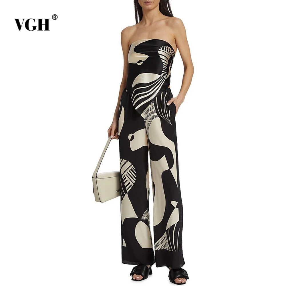 

VGH Geometric Printing Two Piece Set for Women Strapless Sleeveless Top High Wait Floor Length Pant Casual Sets Female Fashion