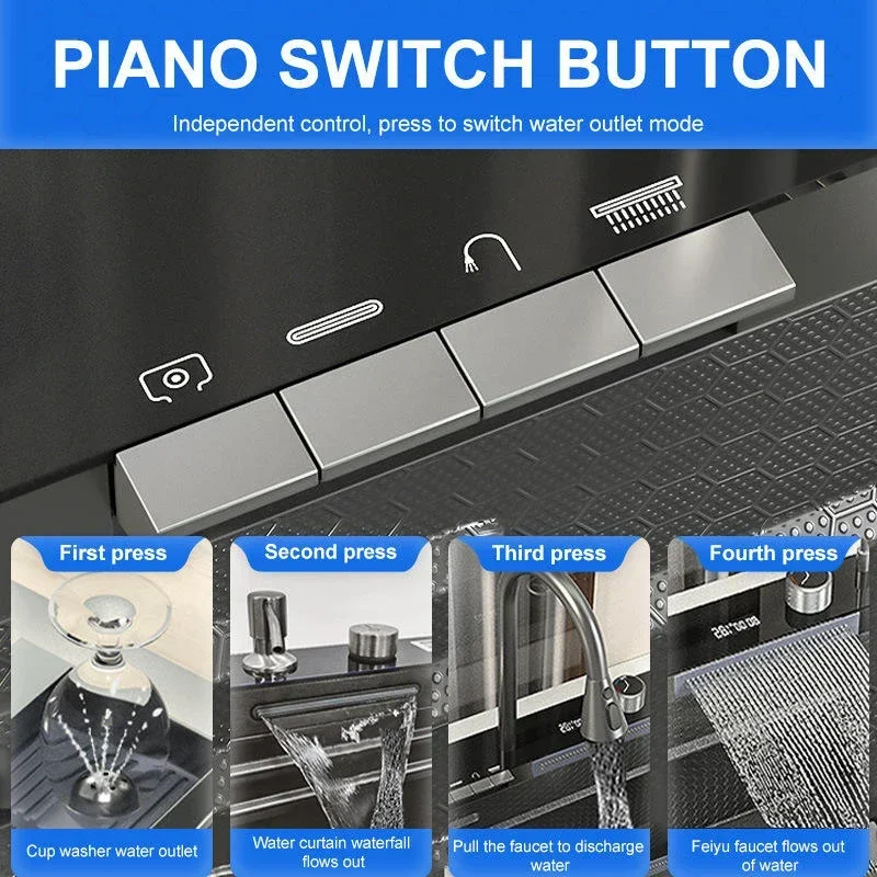 superior quality  Discount Luxury Anti-Scratch LED Digital Display Waterfall Kitchen Sink With Cup Washer And Soap Dispenser