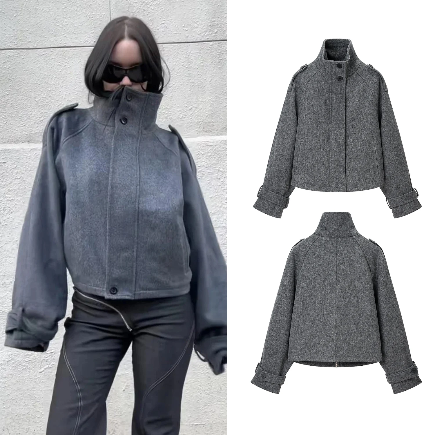 

Женские свободные шерстяные пальто 2025 г., женские короткие куртки с воротником-стойкой и длинными рукавами, карманами на молнии, верхняя одежда, осенне-зимние женские куртки