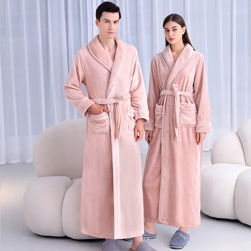 Super Long Thick Warm Flannel Bathrobe Large Lapel Ankle Length Coral Fleece Bath Robes Women Soft Dressing Gown Lovers Winter