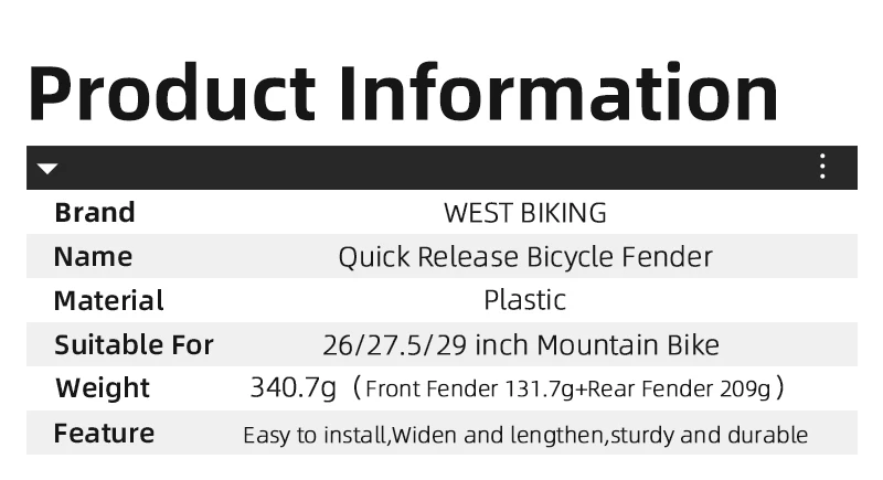 WEST BIKING Fahrrad-Schutzblech-Set ohne Bohren für 26, 27,5, 29 Zoll MTB, verbreiterte Schutzbleche, wasserdicht, langlebiges Fahrradzubehör – Detail 2