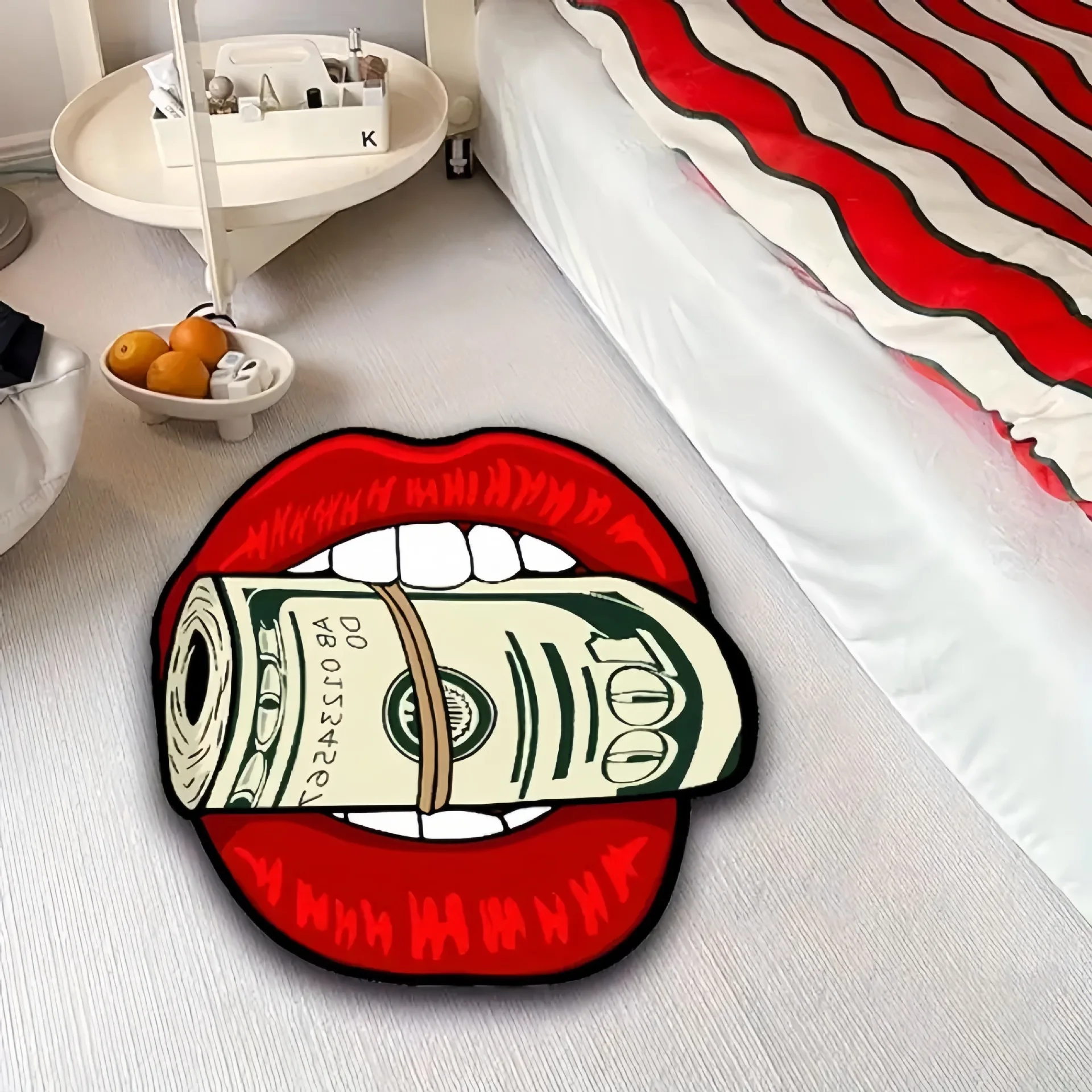 Flame Red Lips Banknote Rug, Soft and Washable Indoor Entrance Cleaner, Decorative Floor Covering for Bedrooms