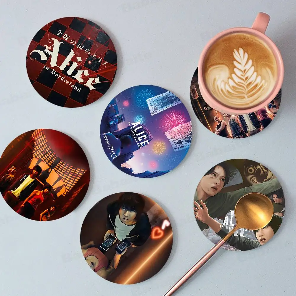Hot TV Alice In Borderland Retro Wooden Cup Mats Elements Colour Printing Cup Coasters Home Kitchen Decora Gifts