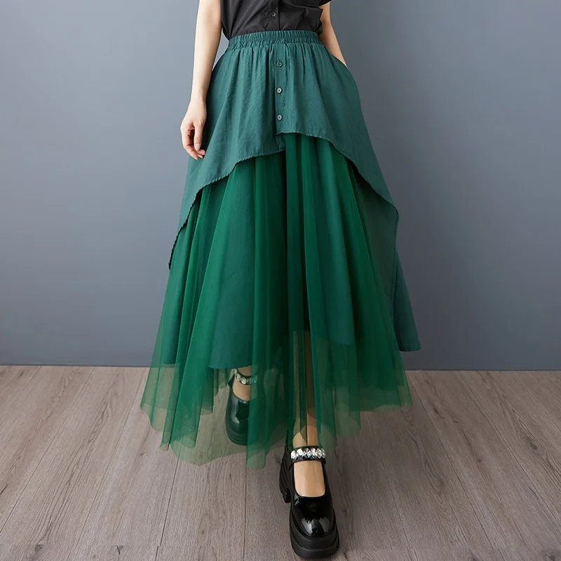 

Faionable High Waist Me Splicing Asymmetrical Hem Casual Elastic Waist Skirt Versatile Mid-Length A-Line Color Skirt