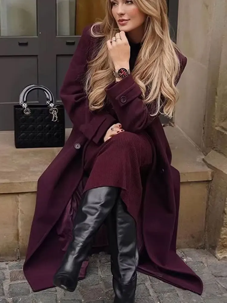 HH Female Autumn Elegant Oversize Burgundy Windbreaker Long Sleeves Lapel Double Breasted With Belt Commute Outerwear Coat