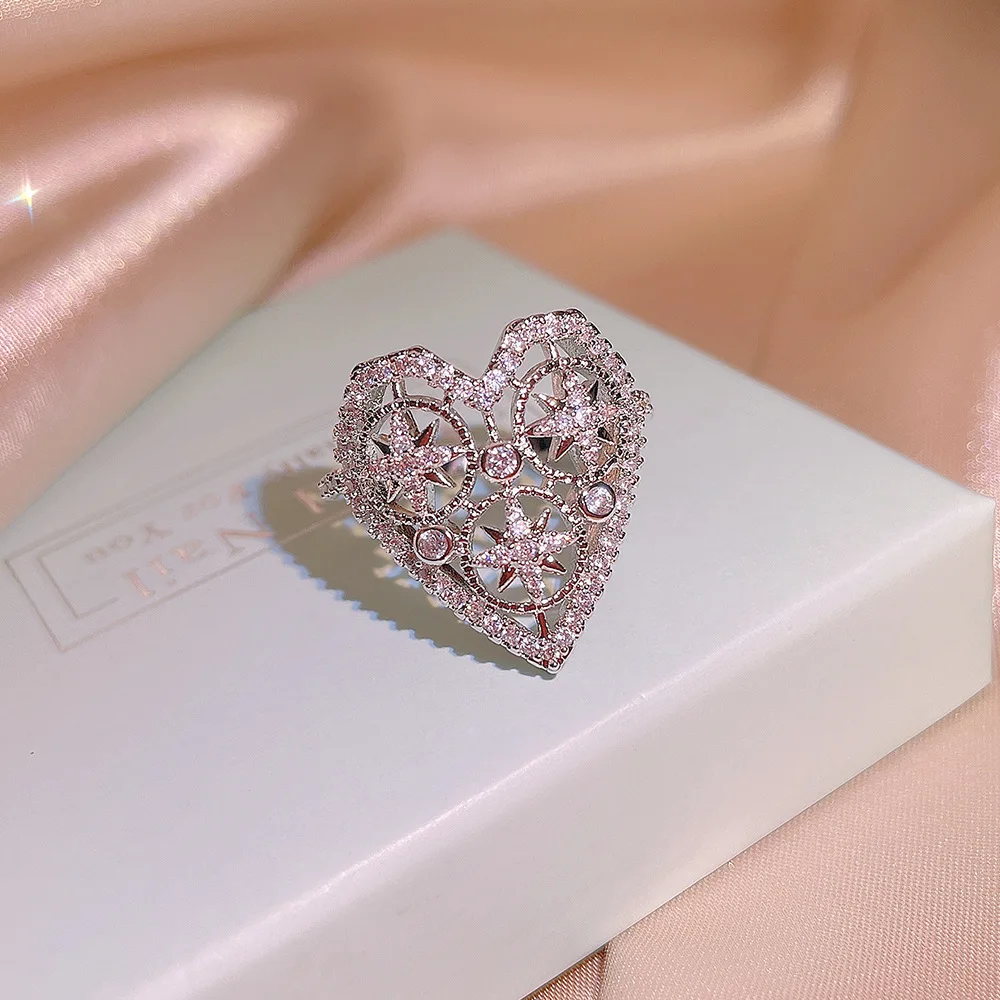 Unique Openwork Heart-Shaped Cross Circle Full Of Diamond Couple Rings For Women Lover Zircon Engagement Bridal Gift Jewelry