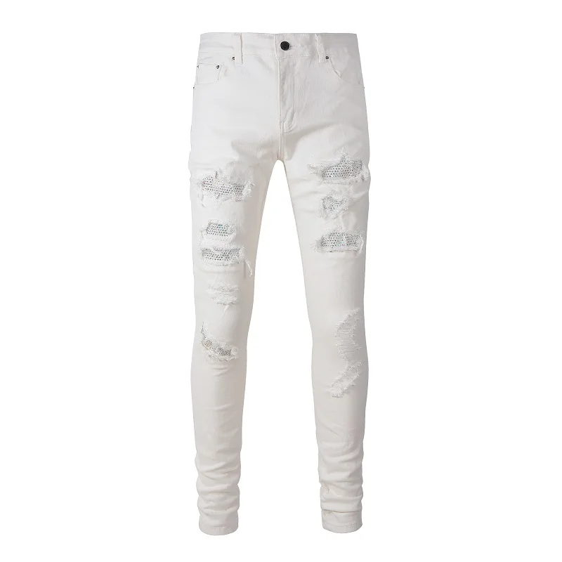 Men's White Beige High Street Fashion Crystals Patches Jeans Distressed Destroyed Holes Slim Fit Stretch Ripped Jeans