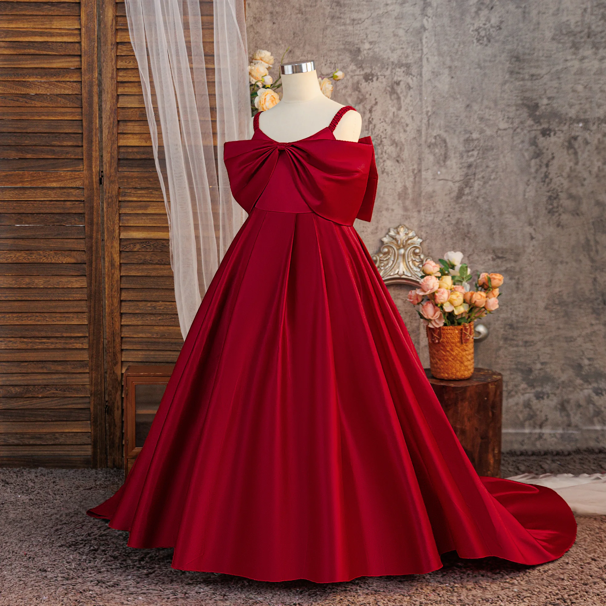 

Elegant Big Bow Bridesmaids Girls Dress Christmas Costumes Wedding Princess Party Prom Dresses Girl First Communion Evening Gown