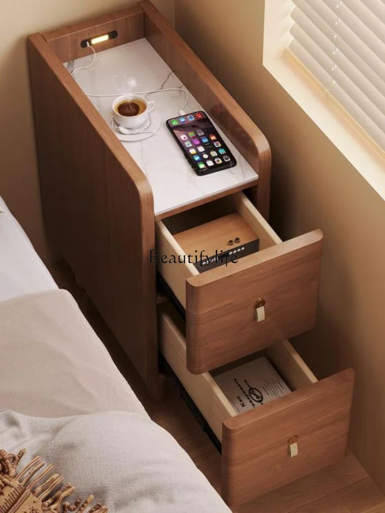 Slate bedside table ultra-narrow solid wood bedside narrow cabinet charging with lamp multi-function