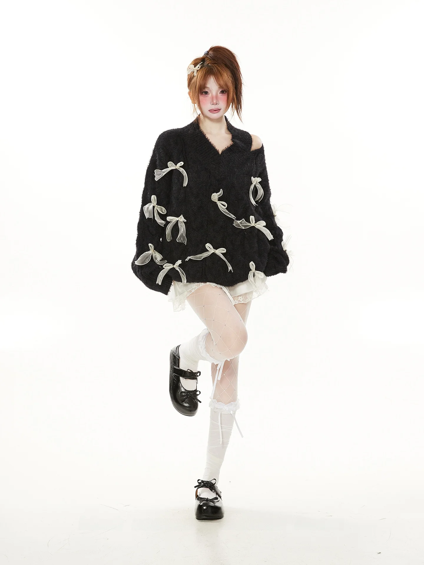 

Sweet Sle Knitted Sweater Women's oulder Bared Knot Decorated Lazy Sle Spring Autumn Pure Desire Very Beautiful