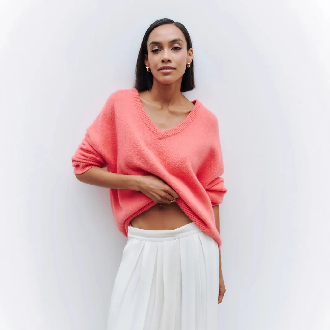 おしゃれな長袖 V ネック ルーズ セーター 秋冬 人気スタイル レディース ニットウェア カジュアル 快適 ヨーロッパ アメリカン スタイル