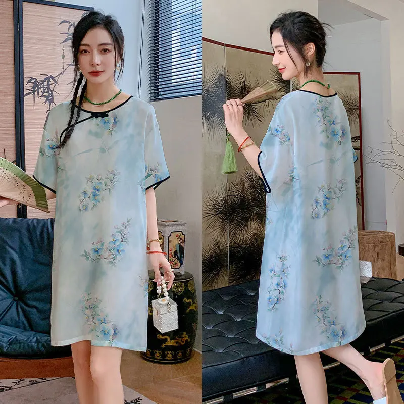 Floral Print Sleepshirts Chinese Traditional Night Dress Short Sleeves Woman Nightdress Loose Retro Buckle Cheongsam Nightgowns
