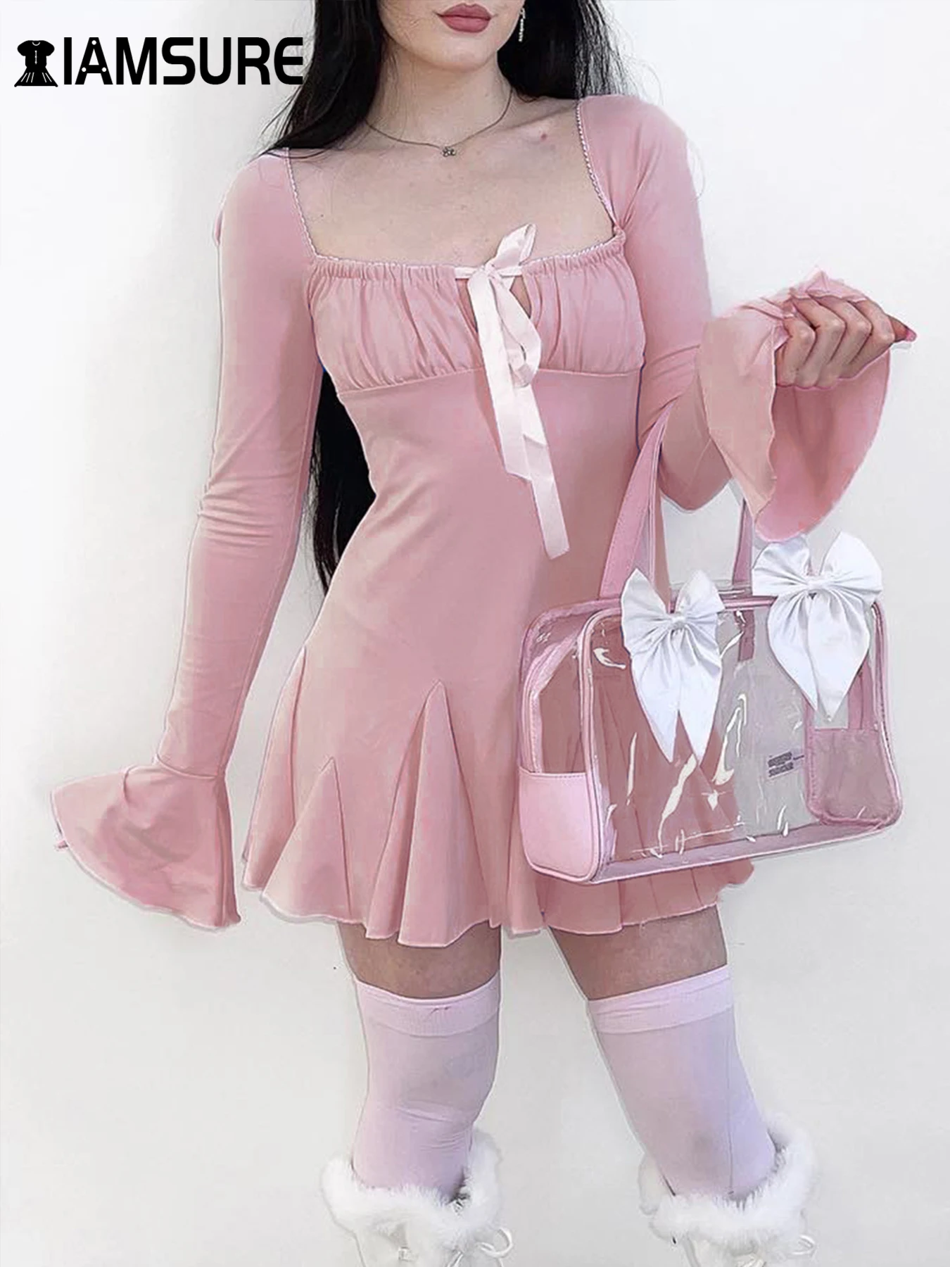 IAMSURE Sweet Casual Bandage A-Line Dress Cute Slim Square Collar Long Flare Sleeve Mini Dresses For Women 2024 Autumn Spring