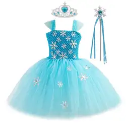 Blue Princess Elsa Dress for Girls Snow Queen Tutu Dress Up Costumes for Kids Girl New Year Clothes Snowflake Christmas Outfits