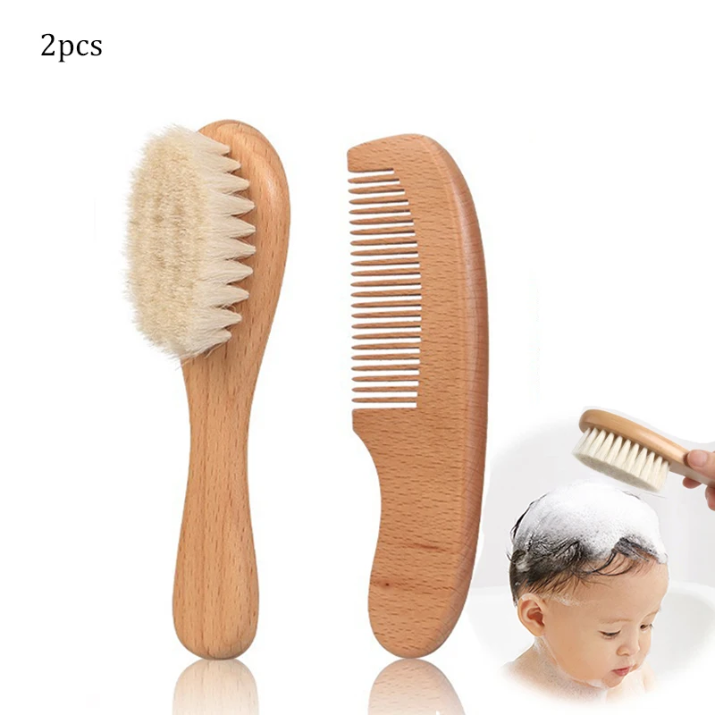 

2pcs Newborn Wool Wooden Brush Comb Set Baby Hair Brush Infant Head Massager Portable Baby Comb Hair Bath Brush Comb